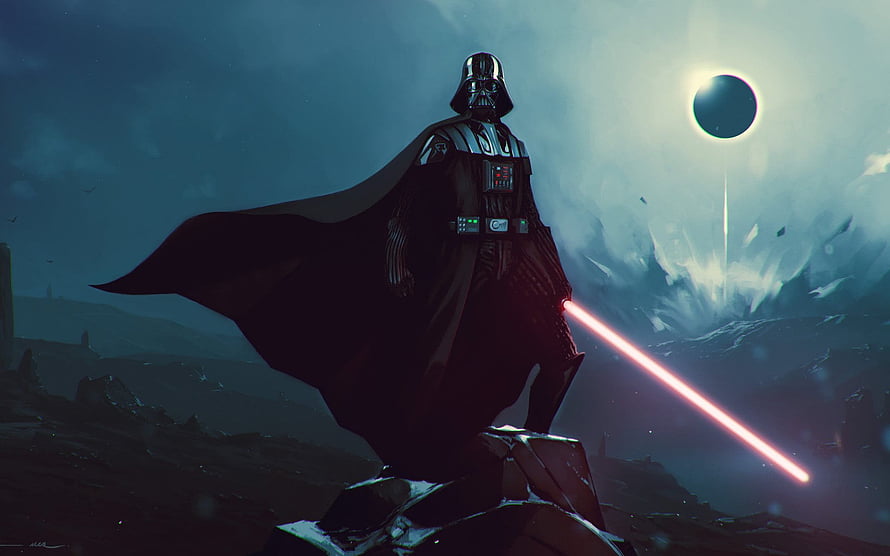 Darth Vader Standing on Rocky Outcrop with Red Lightsaber Under Eclipsed Moon HD wallpaper