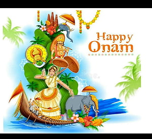 Festive Onam Greeting Card with Kerala Boat, Elephant, and Traditional Dancer HD wallpaper
