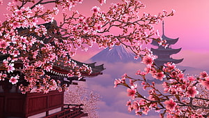Cherry Blossoms Framing Mount Fuji and Traditional Japanese Pagoda at Sunset HD wallpaper