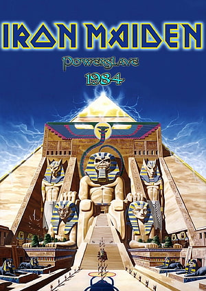 Iron Maiden Powerslave 1984 Album Artwork Featuring Egyptian Temple and Pyramid HD phone wallpaper