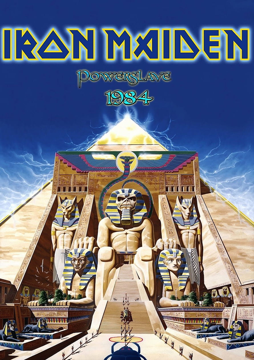 Iron Maiden Powerslave 1984 Album Artwork Featuring Egyptian Temple and Pyramid HD phone wallpaper