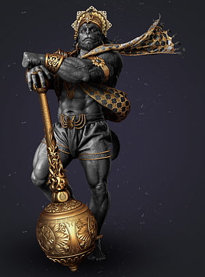 Hanuman 3D Digital Sculpture with Golden Mace and Ornate Crown, ArtStation, hanuman ji 3d HD phone wallpaper
