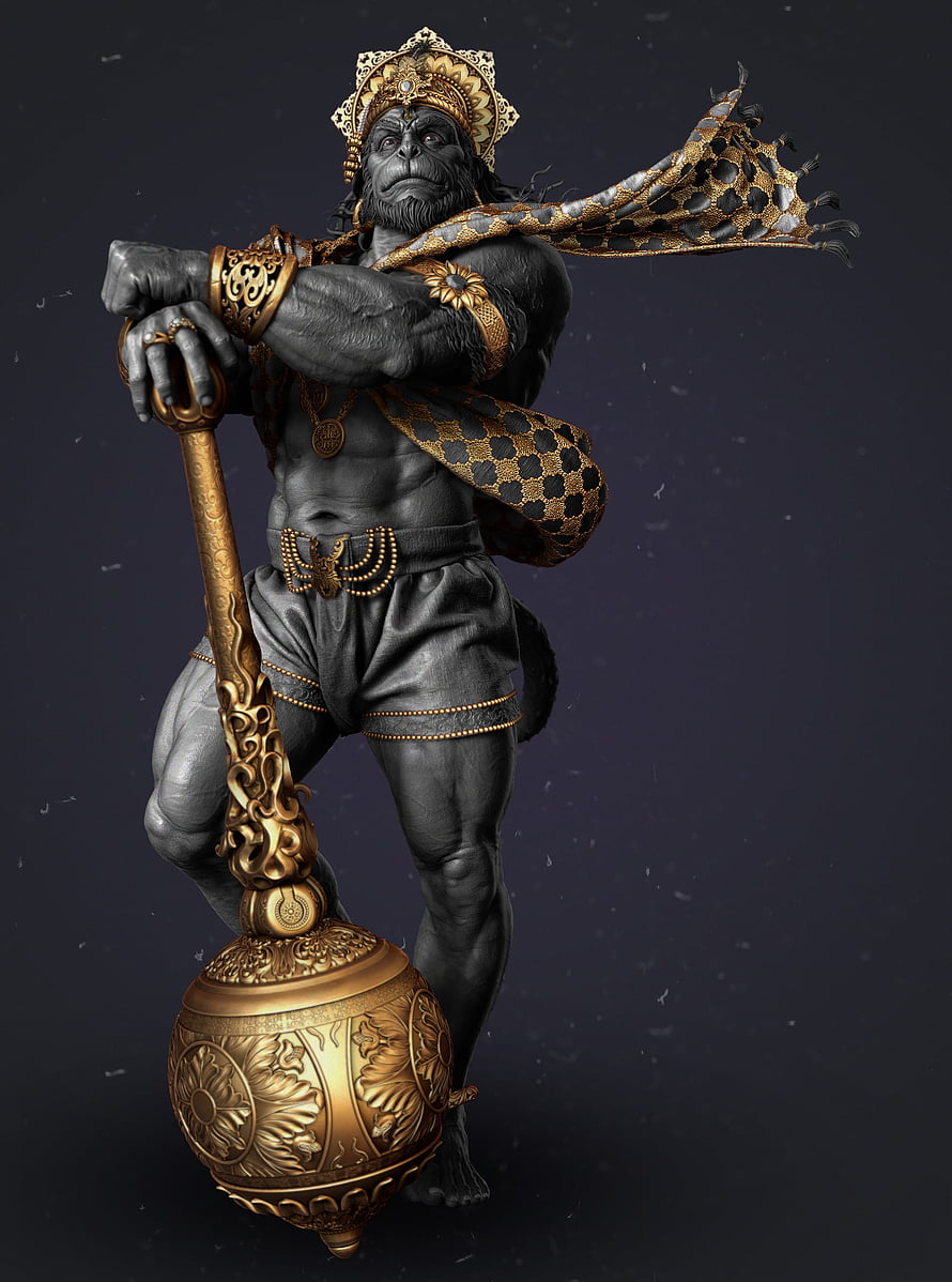 Hanuman 3D Digital Sculpture with Golden Mace and Ornate Crown, ArtStation, hanuman ji 3d HD phone wallpaper