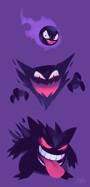 Gengar Evolution Lineup: Gastly, Haunter, and Gengar in Dark Purple Digital Art HD phone wallpaper