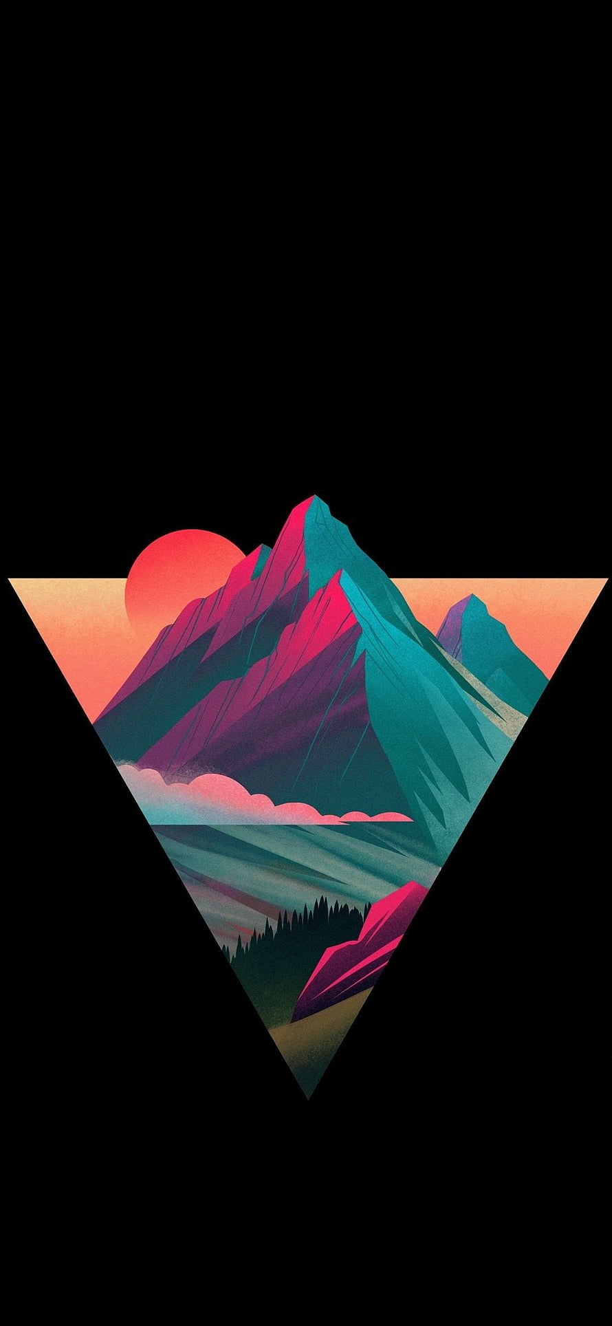Geometric Mountain Landscape in Triangular Frame with Retro Sunset and Neon Colors HD phone wallpaper