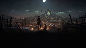 Arcane League of Legends Night Cityscape with Silhouetted Figures and Moonlit Castle HD wallpaper