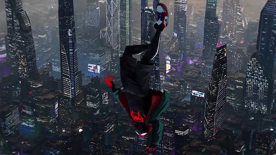 Miles Morales Spider-Man Swinging Through a Neon-Lit Nighttime Cityscape, Spider Man Miles Morales Live HD wallpaper