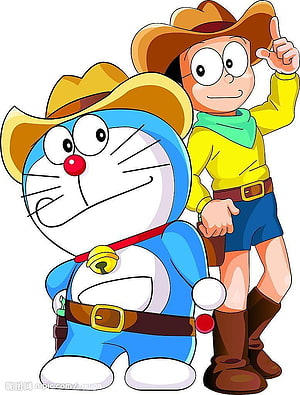 Doraemon and Nobita in Cowboy Outfits Cartoon Illustration HD phone wallpaper