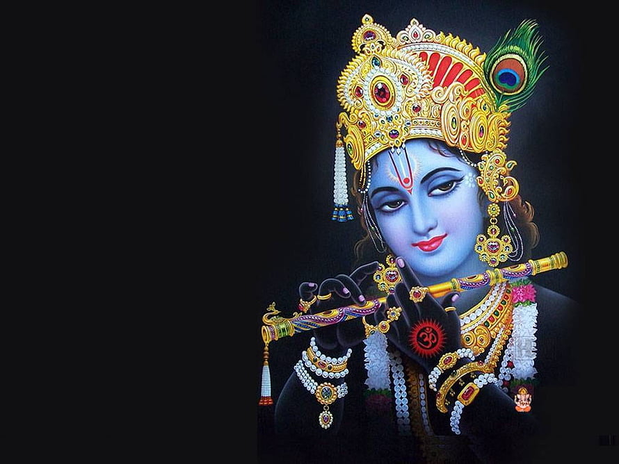 Lord Krishna Playing Flute with Ornate Crown and Peacock Feather on Black Background HD wallpaper