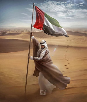 Zayed bin Sultan Al Nahyan Holding UAE Flag in Desert Landscape HD phone wallpaper