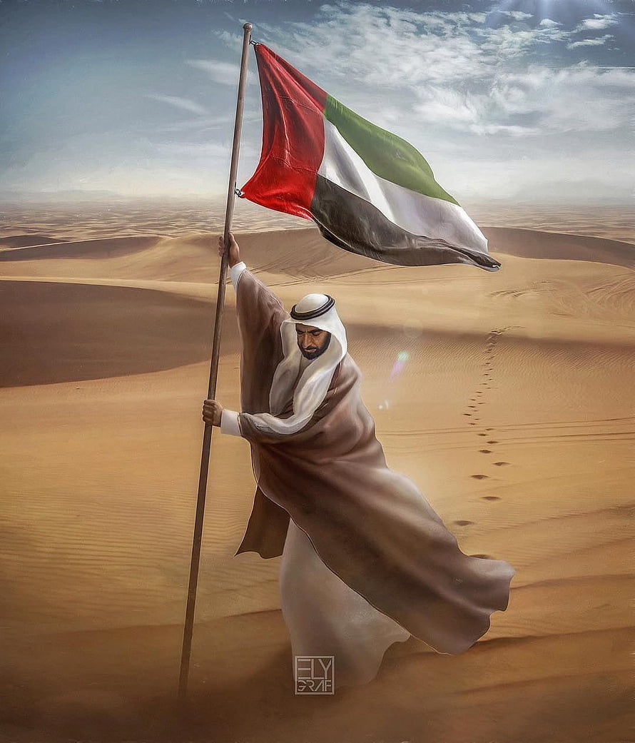 Zayed bin Sultan Al Nahyan Holding UAE Flag in Desert Landscape HD phone wallpaper
