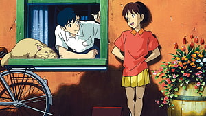 Whisper of the Heart Anime Scene with Boy at Window and Girl in Red Shirt HD wallpaper