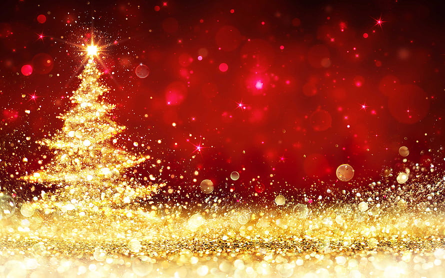 Festive Christmas Tree with Golden Sparkles on a Deep Red Background HD wallpaper