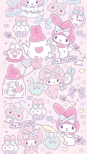 My Melody Kawaii Pattern Wallpaper with Pastel Pink Bows, Hearts, and Cute Dessert Motifs HD phone wallpaper
