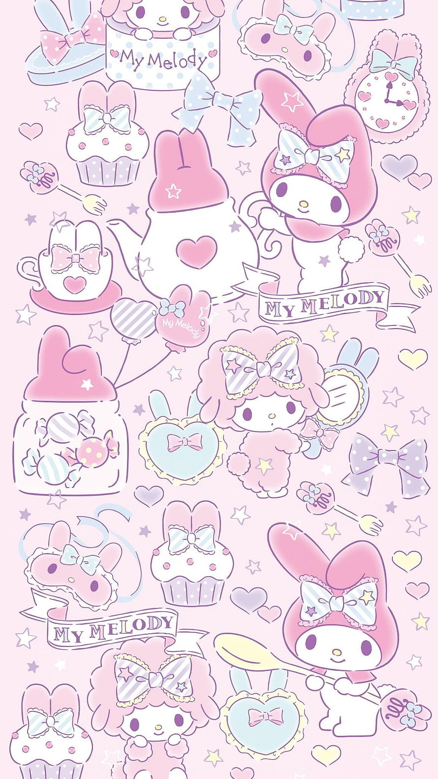 My Melody Kawaii Pattern Wallpaper with Pastel Pink Bows, Hearts, and Cute Dessert Motifs HD phone wallpaper
