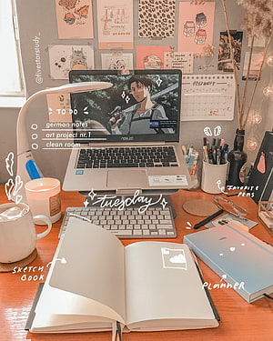 Cozy Aesthetic Study Desk Setup With Laptop, Sketchbook, and Warm Lighting HD phone wallpaper