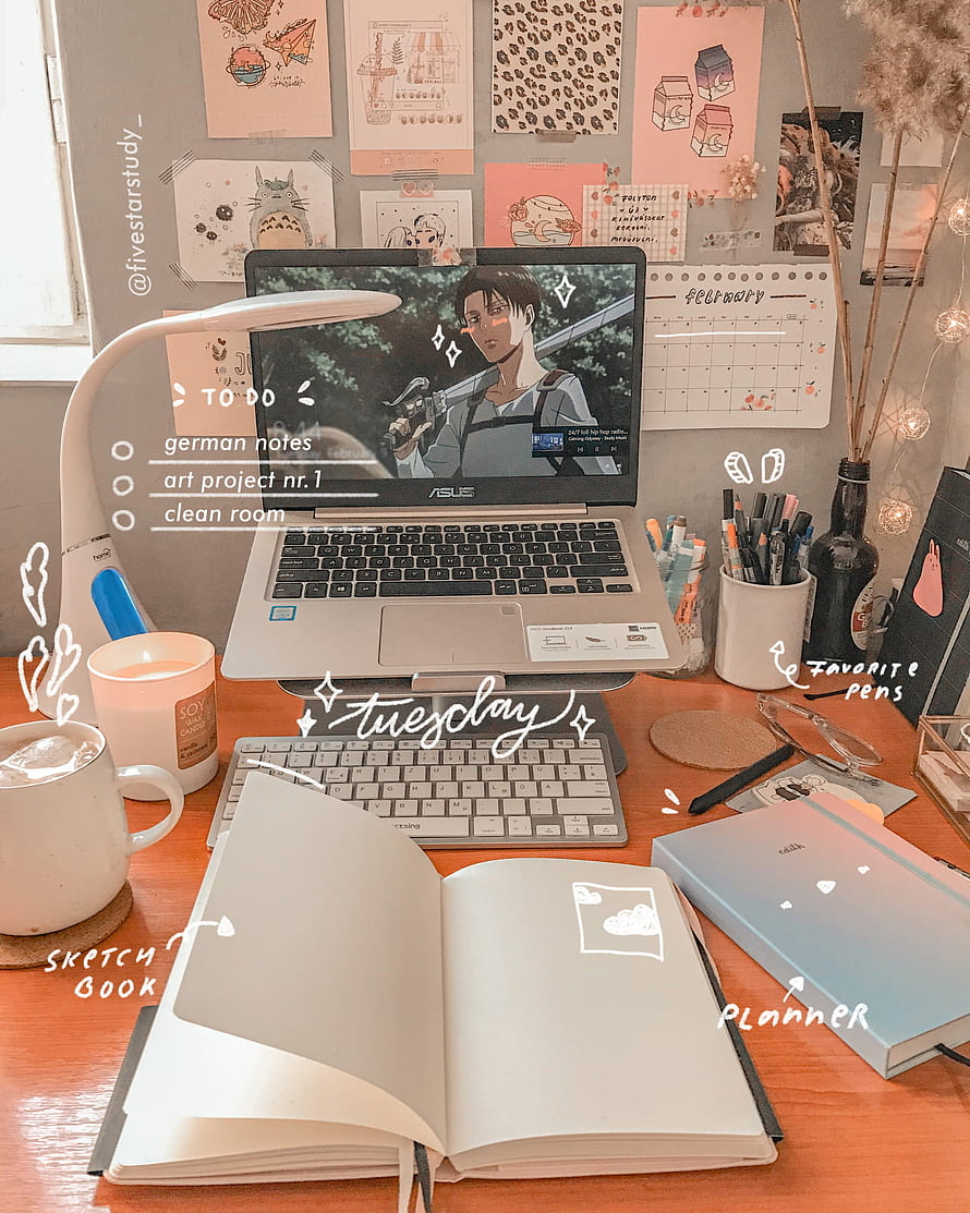 Cozy Aesthetic Study Desk Setup With Laptop, Sketchbook, and Warm Lighting HD phone wallpaper