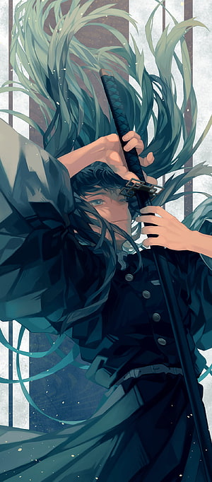 Muichiro Tokito from Demon Slayer Holding Katana in Dark Uniform HD phone wallpaper