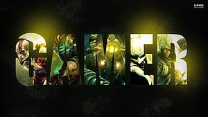 Gamer Typography Featuring Kratos, Master Chief, and Batman in Dark Cinematic Style HD wallpaper