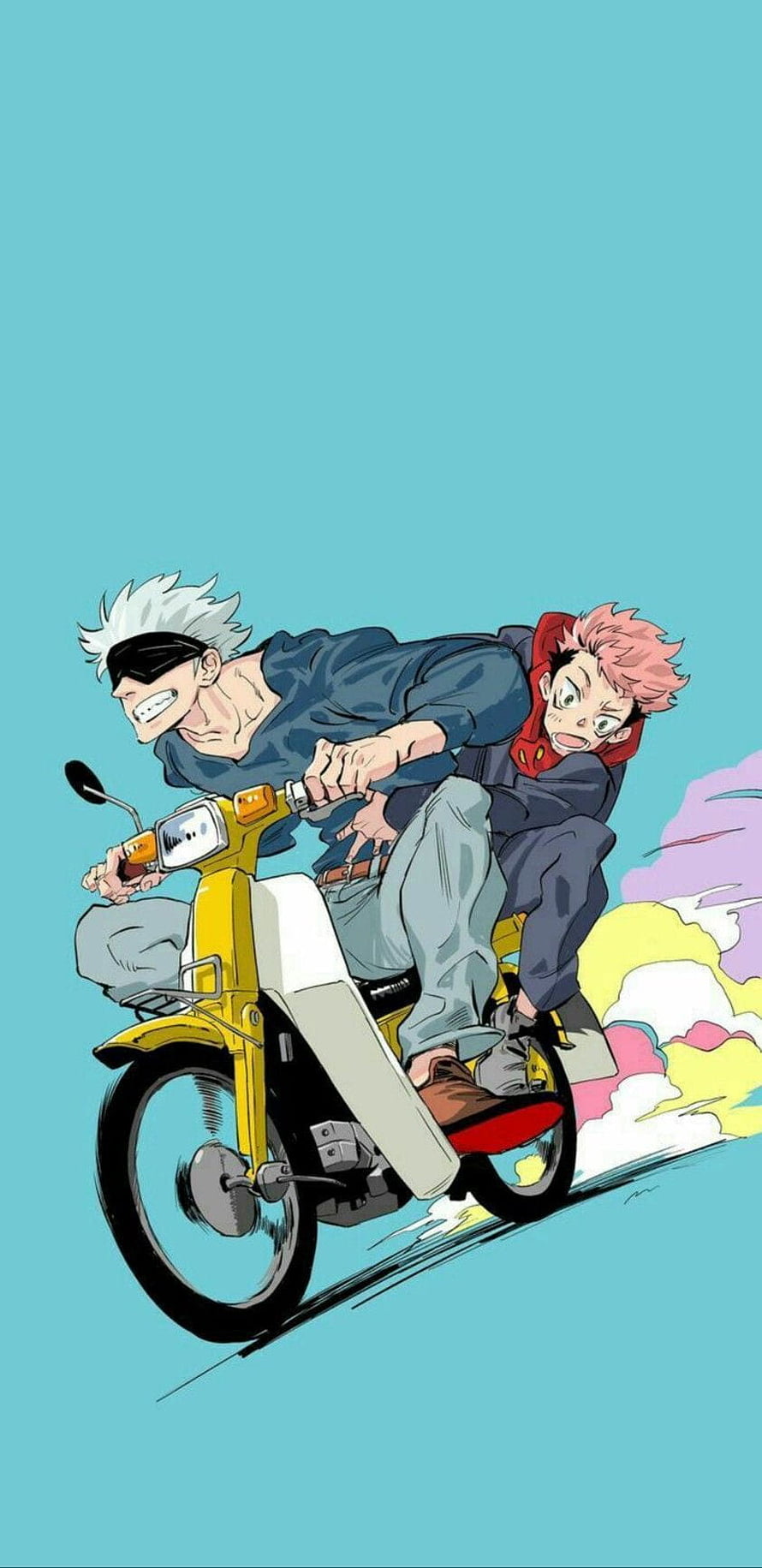 Gojo Satoru and Yuji Itadori Riding a Yellow Scooter in Jujutsu Kaisen Anime Art HD phone wallpaper