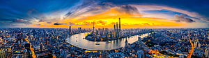 Shanghai Skyline Panoramic View at Golden Sunset with Huangpu River HD wallpaper