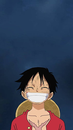 Monkey D. Luffy Grinning Portrait in Red Shirt Against Dark Blue Background HD phone wallpaper
