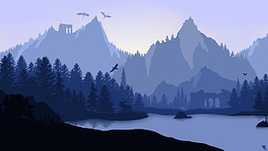 Minimalist Blue Mountain Landscape with Lake and Birds at Dusk HD wallpaper