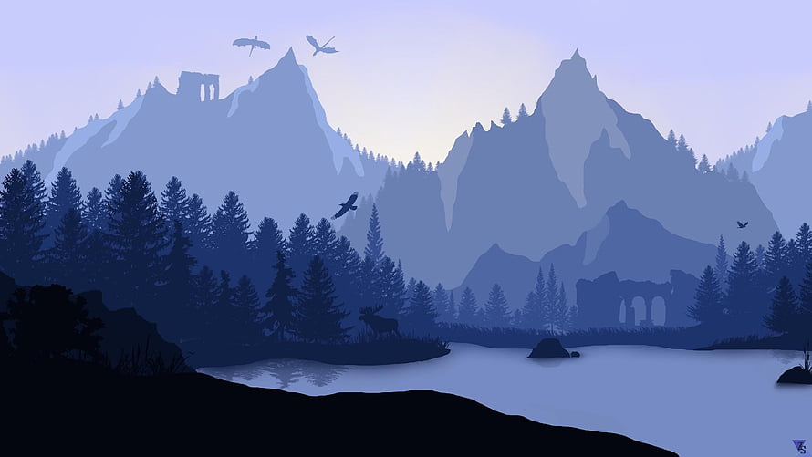 Minimalist Blue Mountain Landscape with Lake and Birds at Dusk HD wallpaper