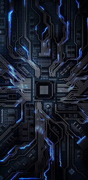 Glowing Blue Circuit Board with Central Processor and Electric Traces HD phone wallpaper