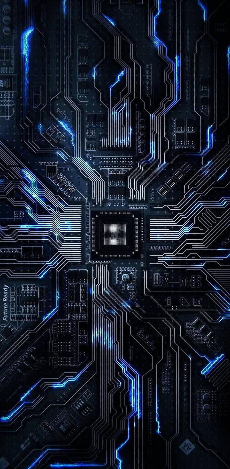 Glowing Blue Circuit Board with Central Processor and Electric Traces HD phone wallpaper
