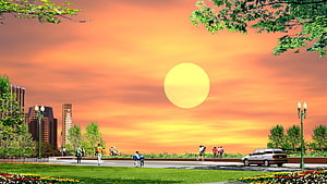 Vibrant City Park at Sunset with Large Sun and Pedestrians HD wallpaper
