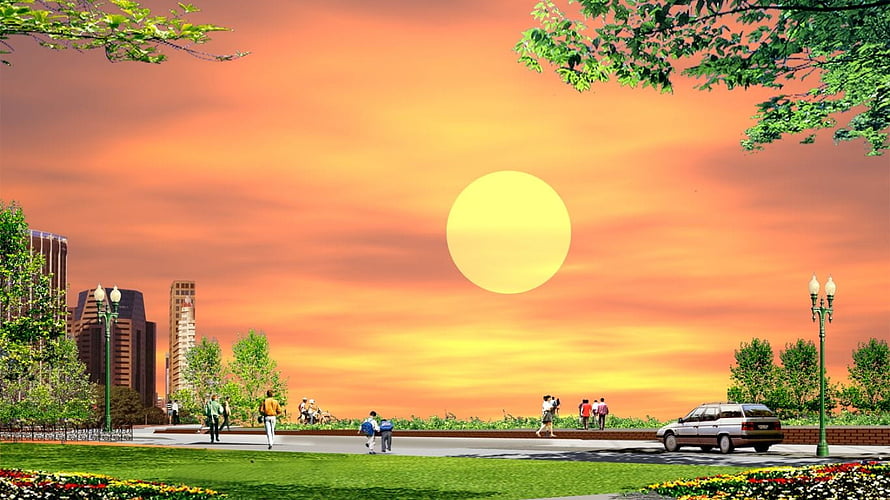 Vibrant City Park at Sunset with Large Sun and Pedestrians HD wallpaper
