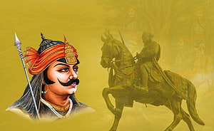Maharana Pratap Singh Portrait with Spear and Cavalry on Golden Background HD wallpaper