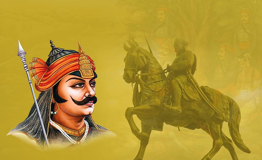 Maharana Pratap Singh Portrait with Spear and Cavalry on Golden Background HD wallpaper