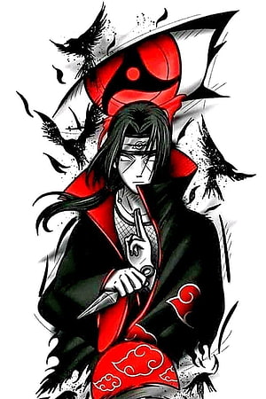 Itachi Uchiha in Akatsuki Cloak with Sharingan and Crows HD phone wallpaper