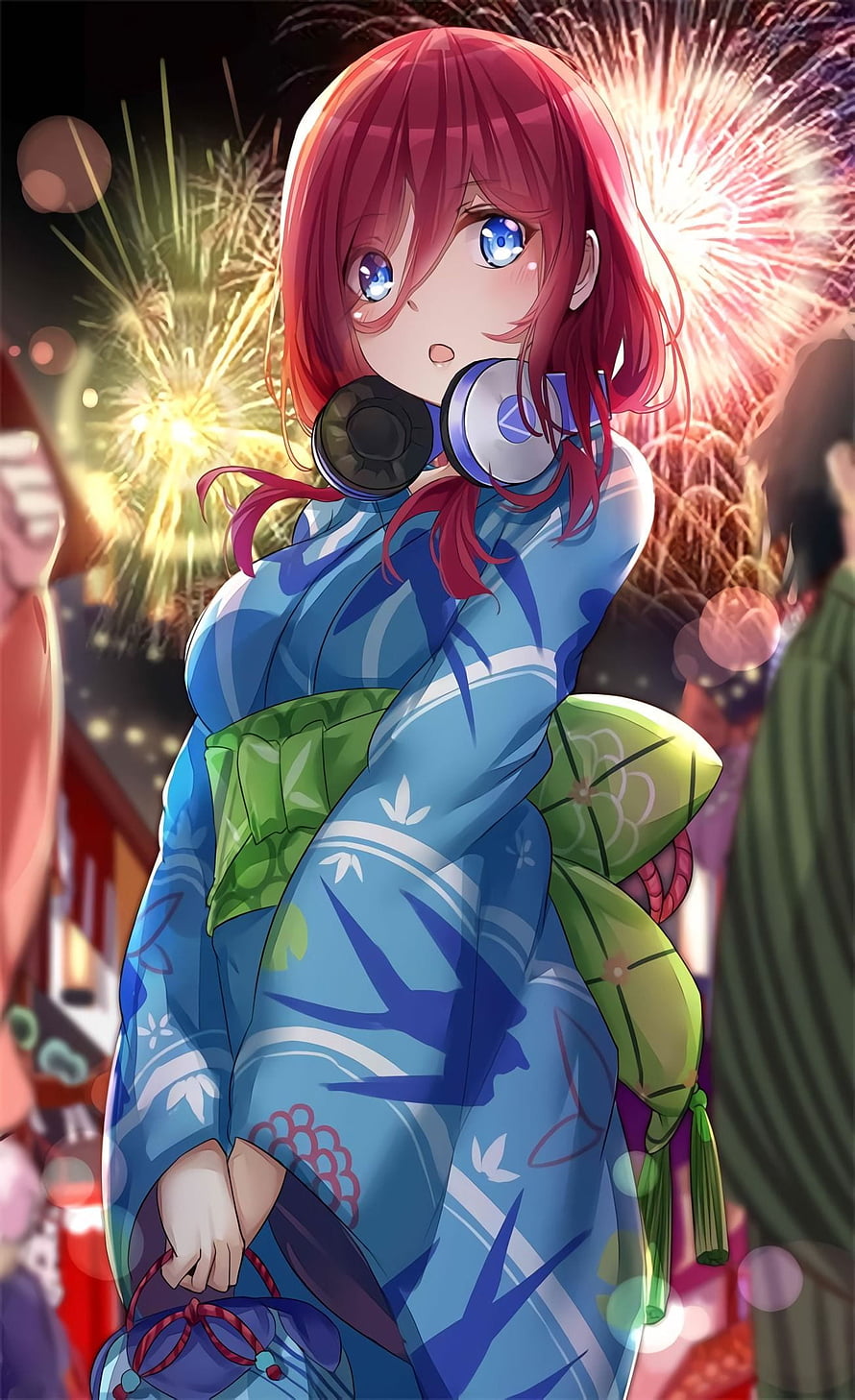 Miku Nakano in a Blue Floral Yukata with Headphones at a Summer Fireworks Festival HD phone wallpaper