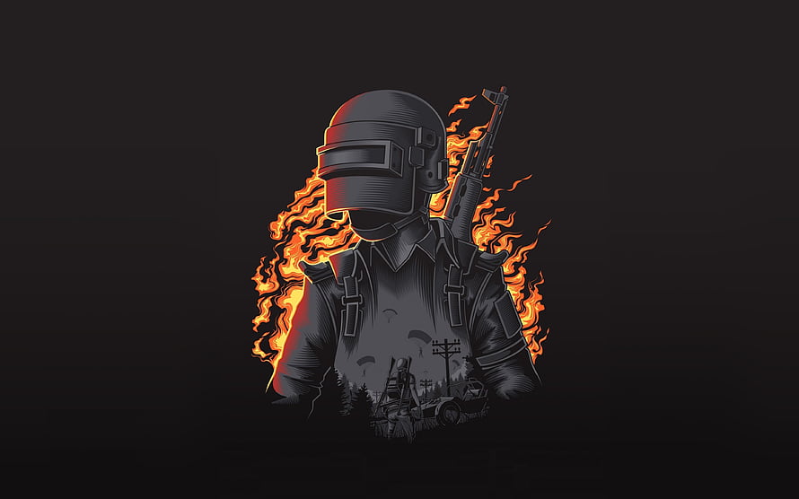 PUBG Military Soldier Portrait with Fiery Orange Flames and Tactical Gear on Dark Background HD wallpaper