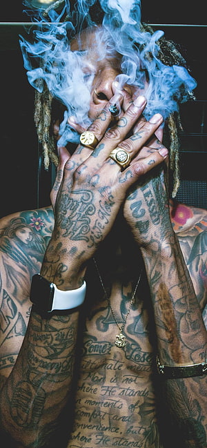 Wiz Khalifa Portrait With Heavy Smoke, Intricate Hand Tattoos, Gold Rings, and Chest Script HD phone wallpaper