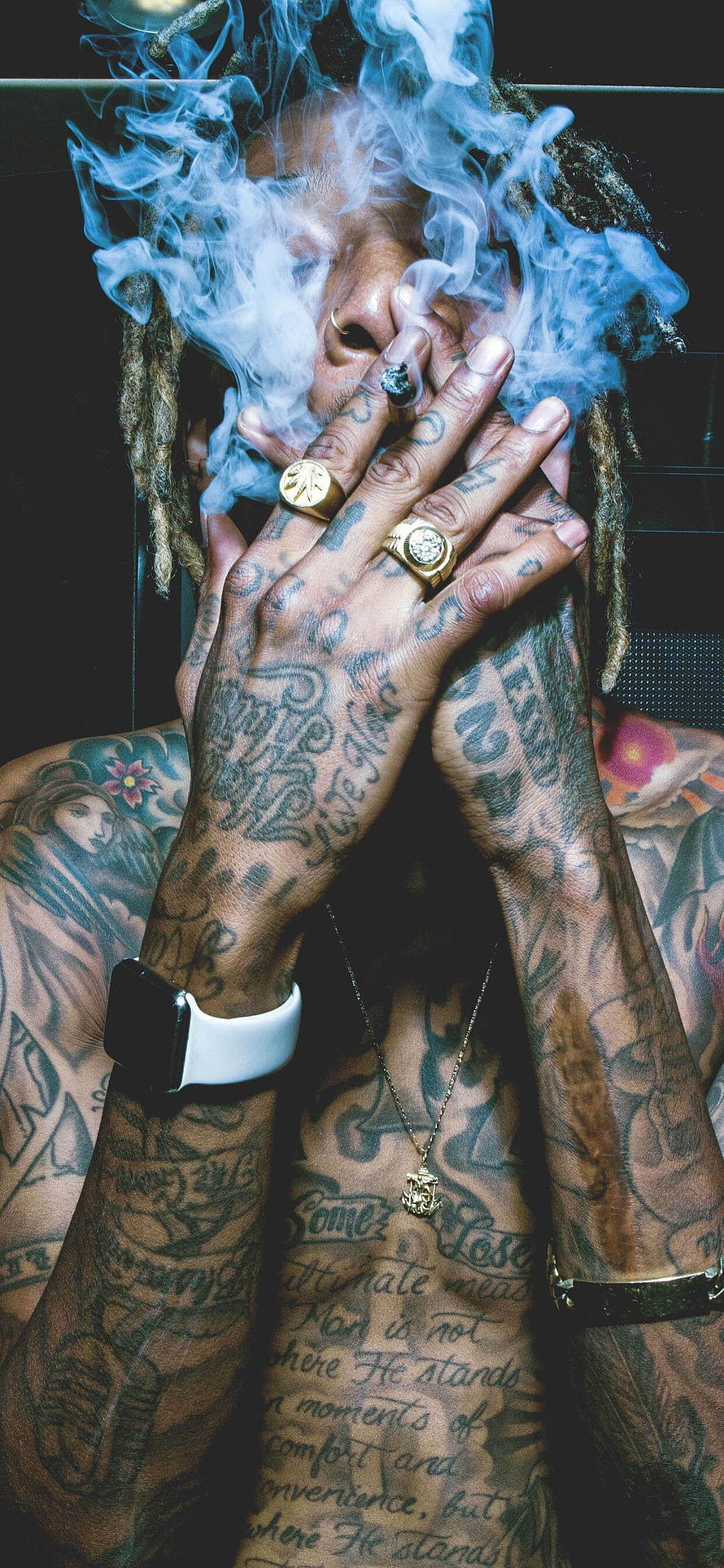 Wiz Khalifa Portrait With Heavy Smoke, Intricate Hand Tattoos, Gold Rings, and Chest Script HD phone wallpaper
