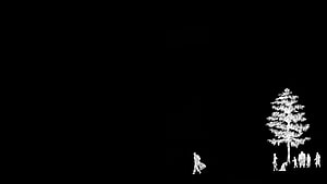 Berserk Minimalist Black and White Illustration with Silhouetted Figures and Pine Tree HD wallpaper