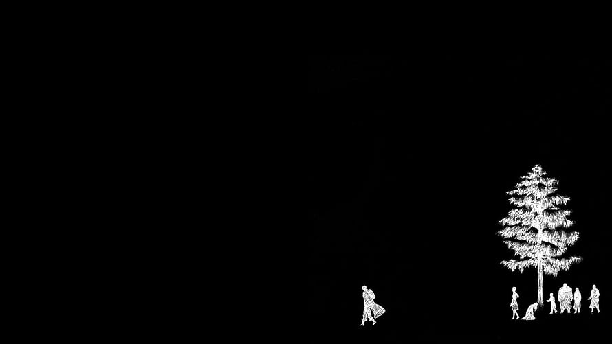 Berserk Minimalist Black and White Illustration with Silhouetted Figures and Pine Tree HD wallpaper