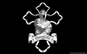 Thug Life Cross Tattoo Design with Hooded Figure and Banner on Black Background HD wallpaper