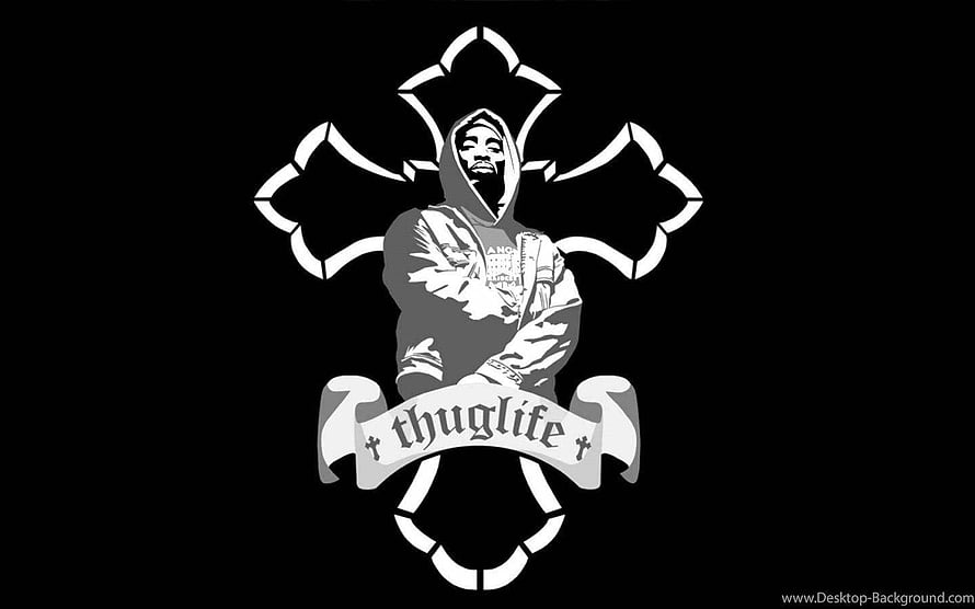 Thug Life Cross Tattoo Design with Hooded Figure and Banner on Black Background HD wallpaper