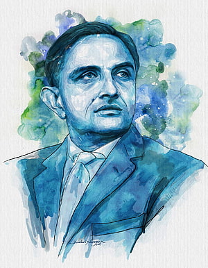 Watercolor Portrait of Vikram Sarabhai in a Blue Suit HD phone wallpaper