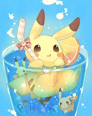 Cute Chibi Pikachu Swimming in a Blue Lemonade Drink with Straw and Orange Slice HD phone wallpaper