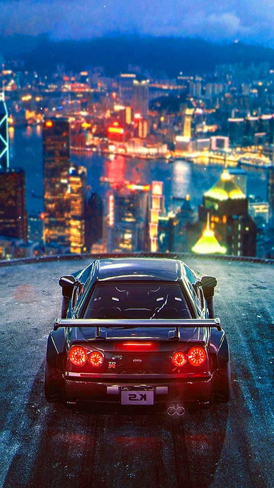 Black Toyota Supra MK4 Rear View Overlooking Neon Cityscape at Night HD phone wallpaper