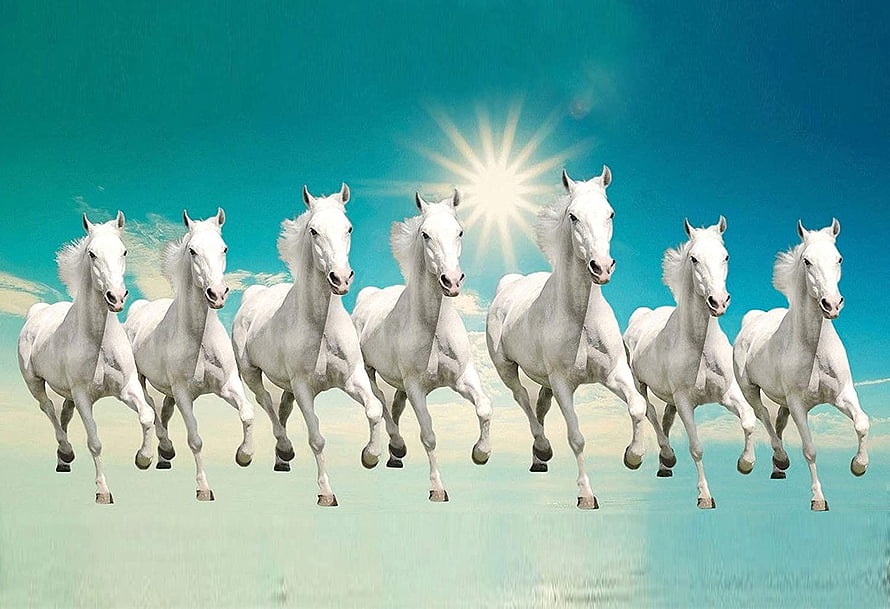 Seven White Horses Galloping in Formation Under a Bright Sunburst Against a Turquoise Sky HD wallpaper