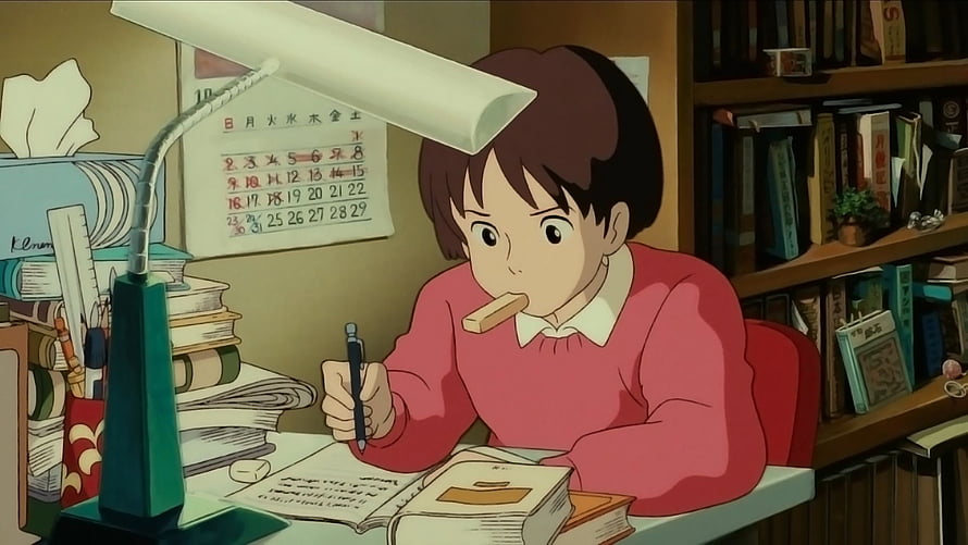 Anime Girl Studying at Desk with Books and Lamp in Cozy Room HD wallpaper