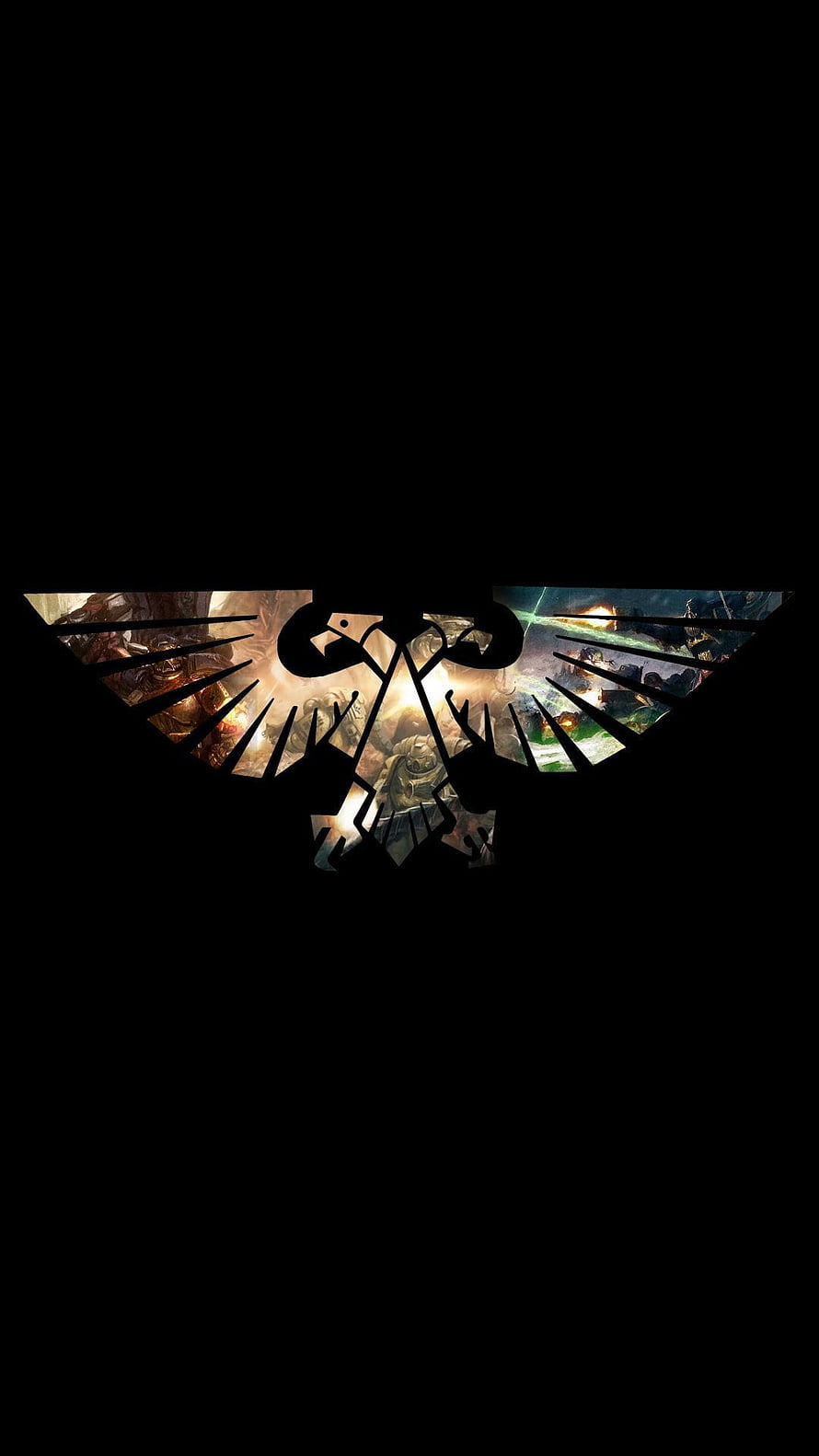 Warhammer 40k Imperial Aquila Emblem with Space Marine Battle Scene Silhouette HD phone wallpaper