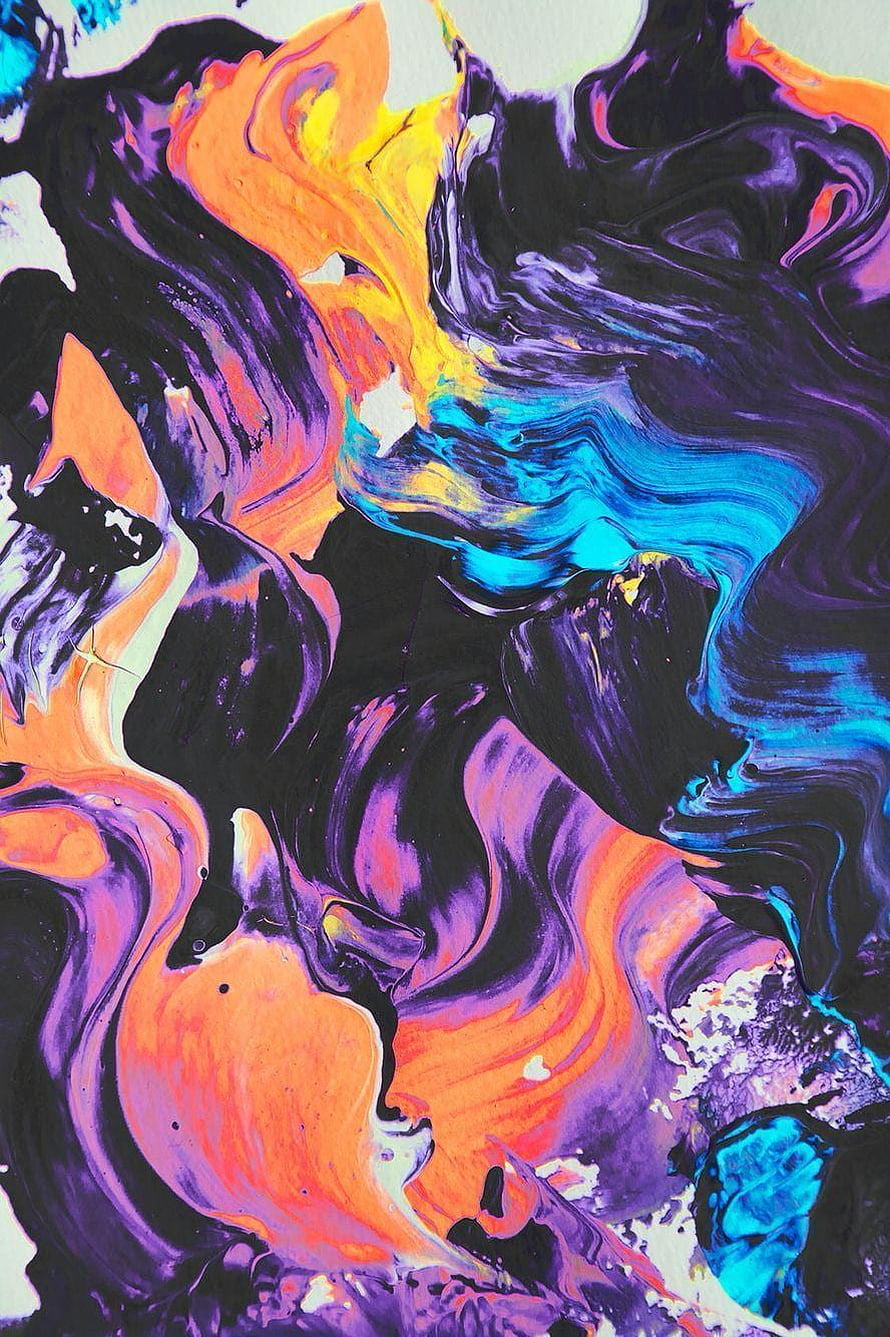 Vibrant Abstract Fluid Art with Swirling Purple, Orange, and Cyan Paint HD phone wallpaper